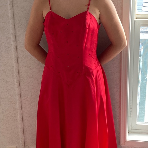 EUC Vintage 1970’s Gauguin Pour Elle Red Spaghetti Strap Taffeta Dress L - Picture 1 of 2